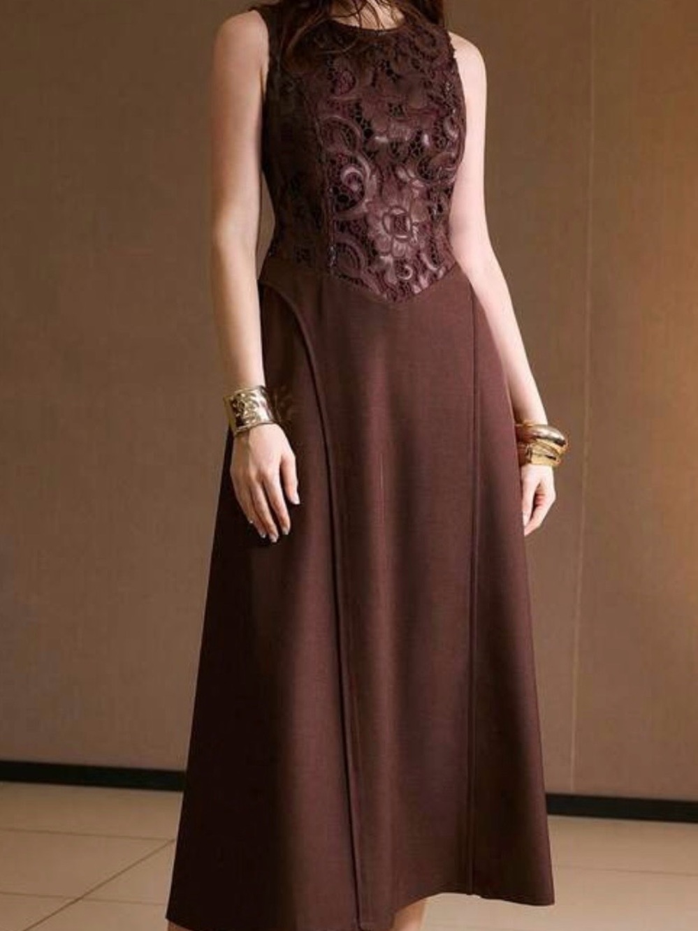 SHEIN Brown Sleeveless Lace-Bodice Maxi Dress
